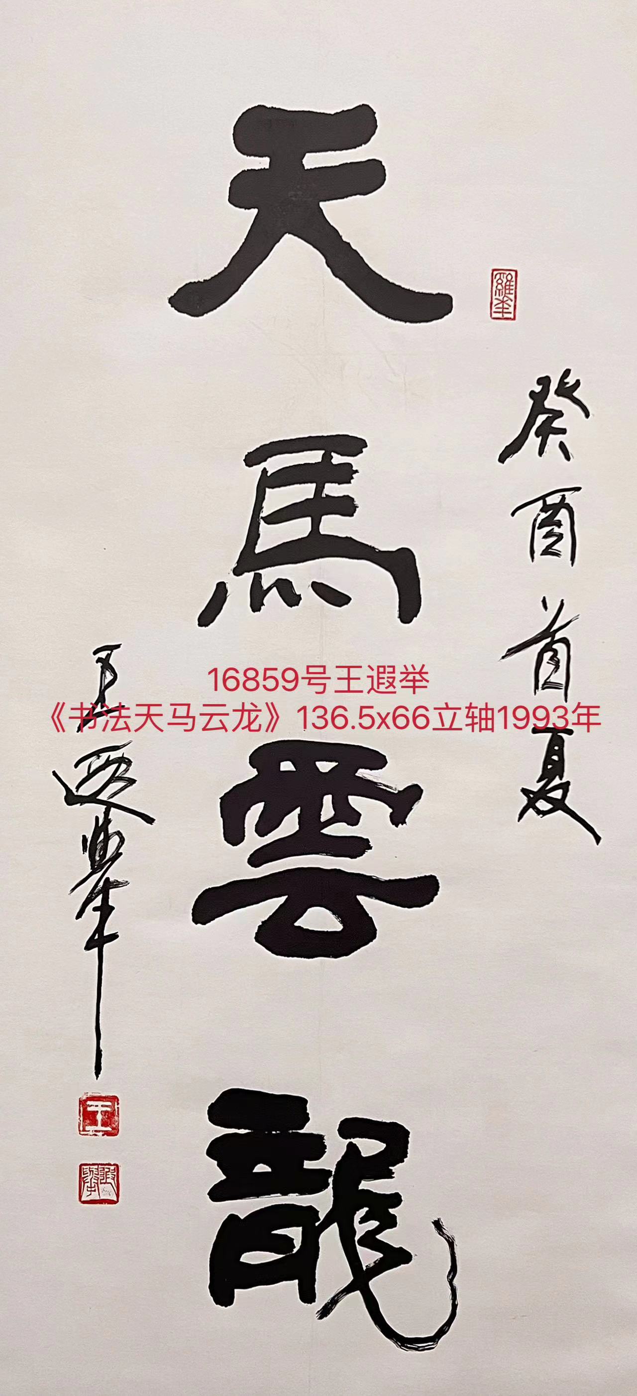 16859号王遐举《书法天马云龙》136.5x66立轴1993年（8900元陈小虎7900元卖我，锦霞堂裱1000元20231213）.jpg